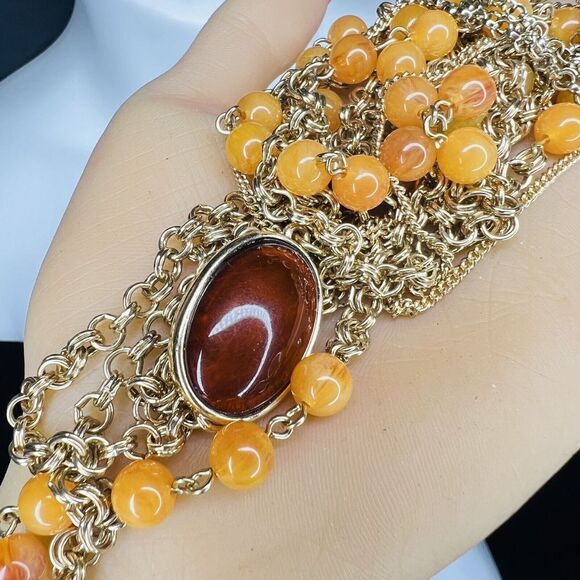 Long Multi Strand Layered Gold Tone wine Red Cabochon Necklace Amber Beads 4181 - Picture 2 of 9